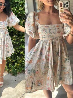 Abercrombie & Fitch Emerson Linen Blend Puff Sleeve Italy Fruit Stamp Mini Dress